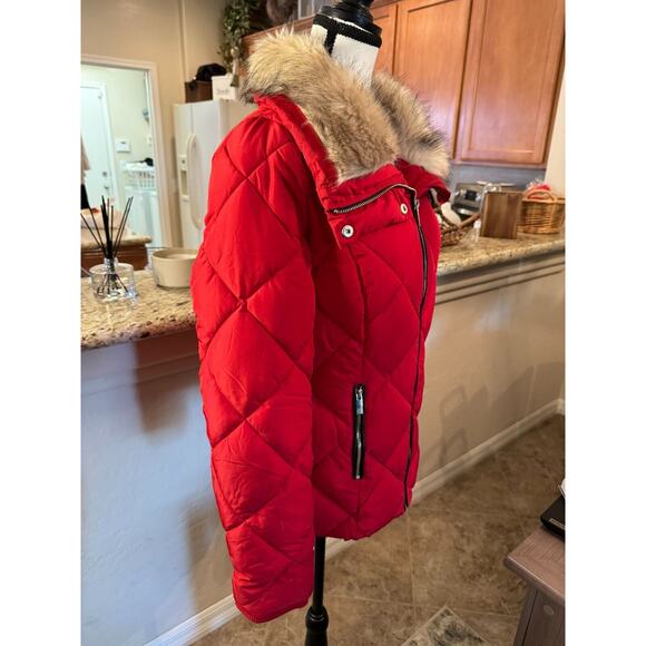 New York & Company Red Puffer Jacket with Fur Collar - Picture 7 of 8
